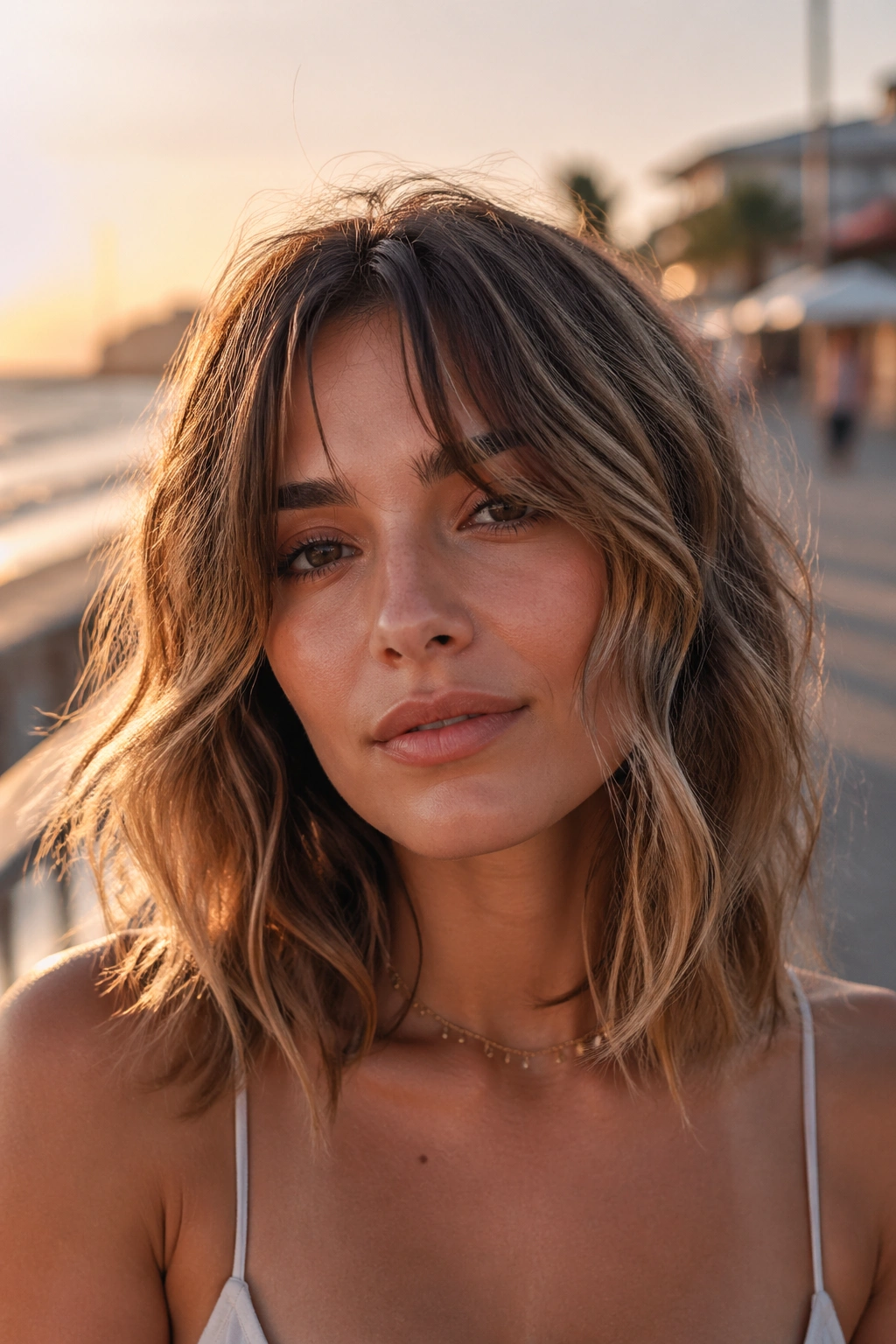 Close-up portrait of a real woman with beachy waves and piecey curtain bangs in golden hour sunlight