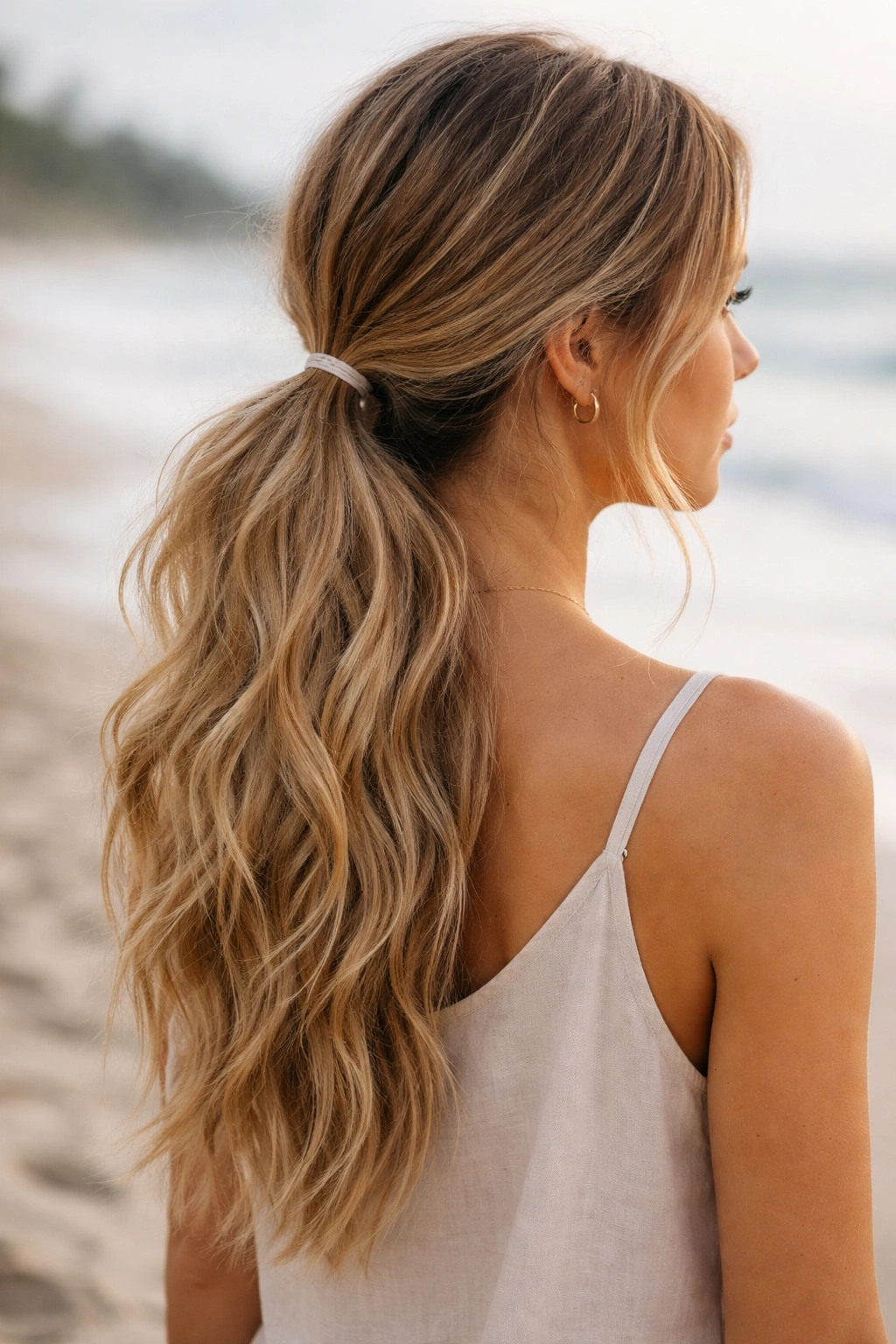 Low ponytail with loose beachy waves and textured hair