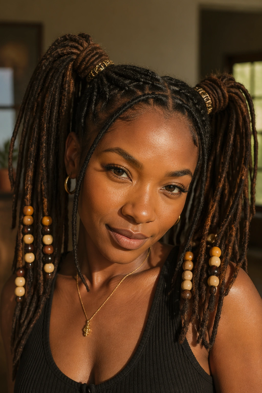 Real woman with beads on the ends of double loc ponytails