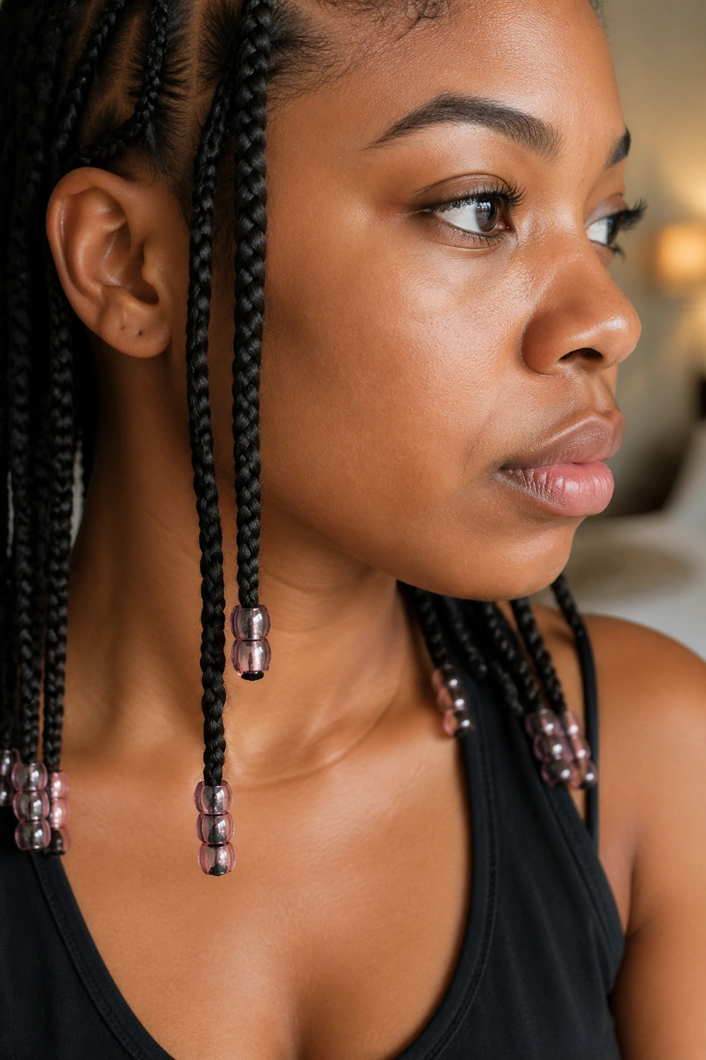 Bead secured at end of cornrow with clear elastic on a real person