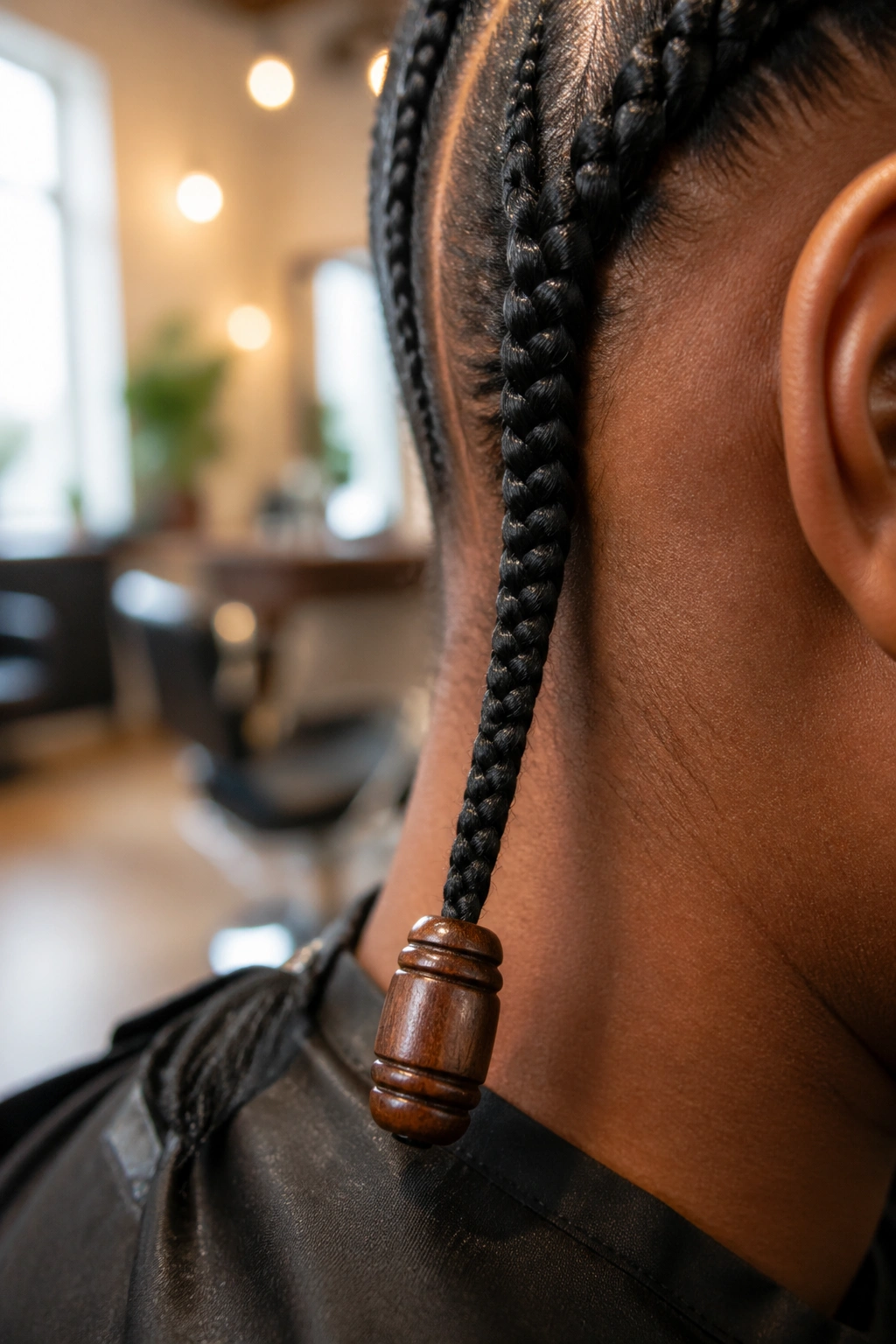 Close-up of a single cornrow ending with a wooden bead on a real person’s head