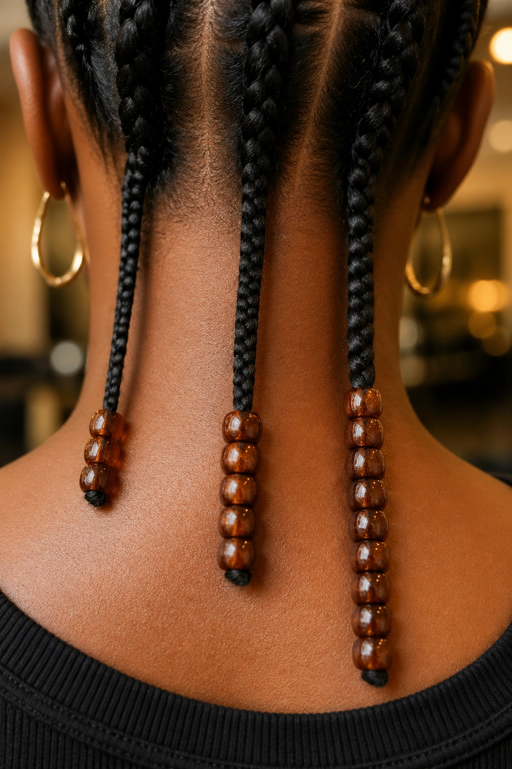 Back of head with three cornrows showing different bead counts.