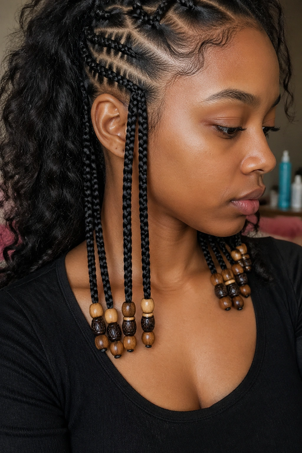 Close-up of a cornrow tail with beads along the bottom third
