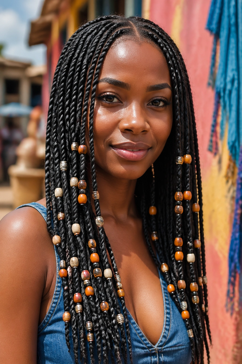 Close-up portrait of a woman with bead-embellished bead pondo in market light