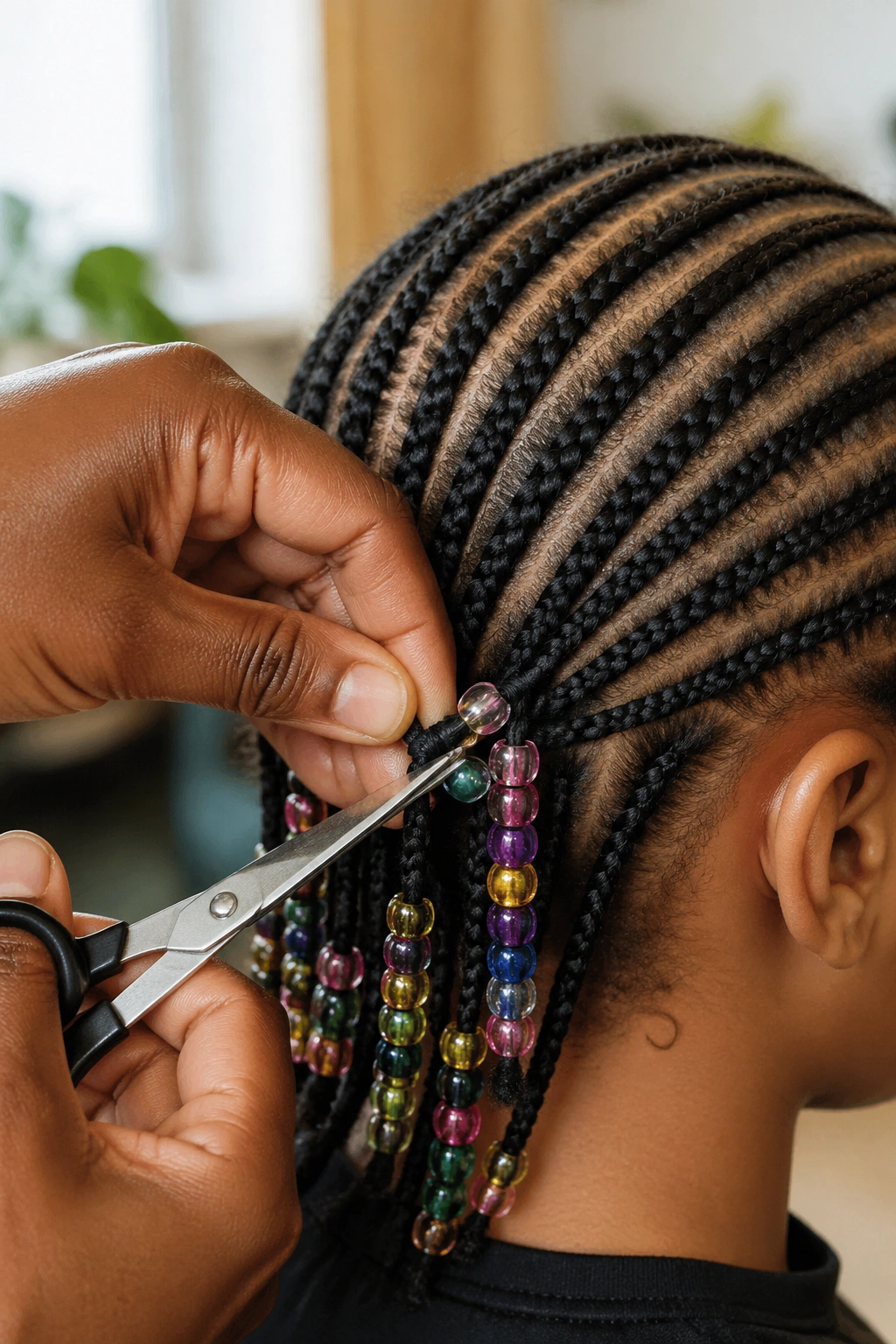 Close-up of hands cutting elastic to remove beads from straight-back cornrows on a real person