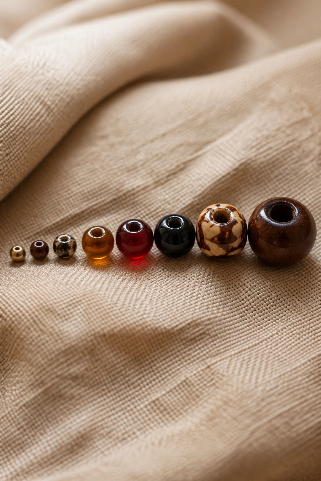 Close-up display of bead sizes on fabric