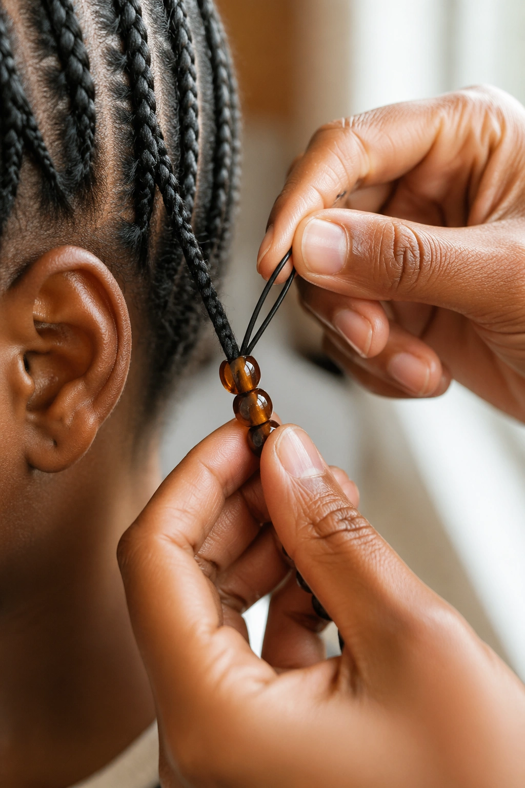 Hands threading beads onto a hair braid on a real person