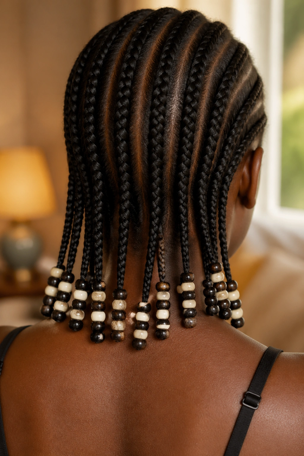 Close-up of real person's head showing bead clusters at braid tips