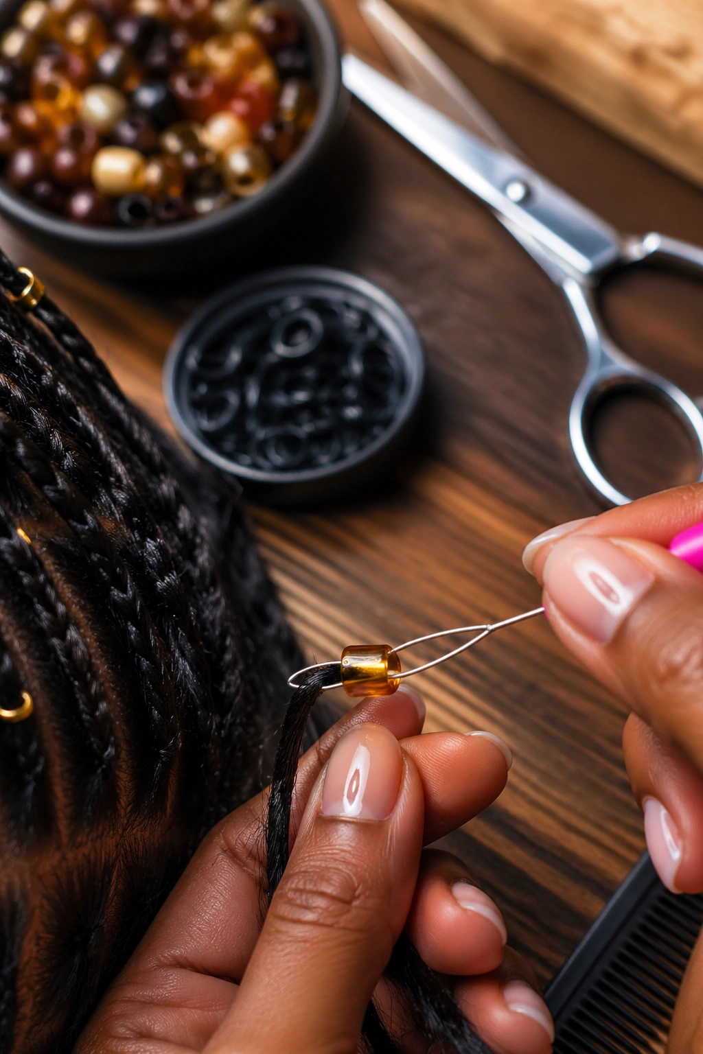 Macro close-up of bead tool threading a bead on hair with silicone bands nearby.