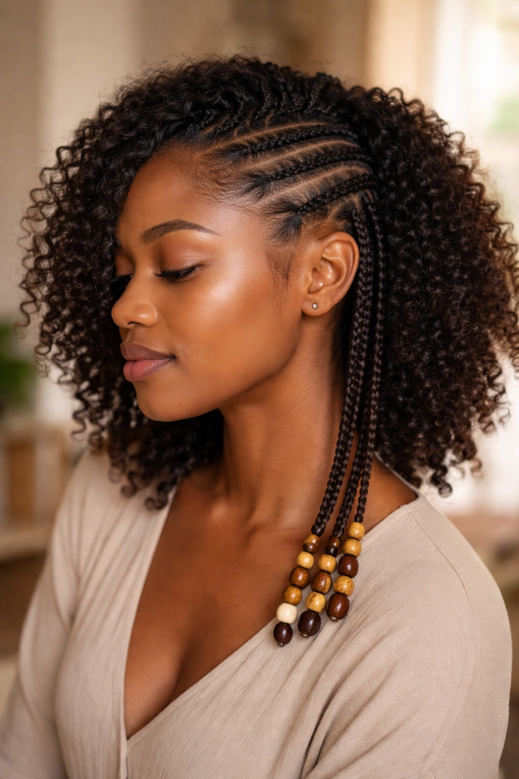 Real person with beaded accent cornrow on the side