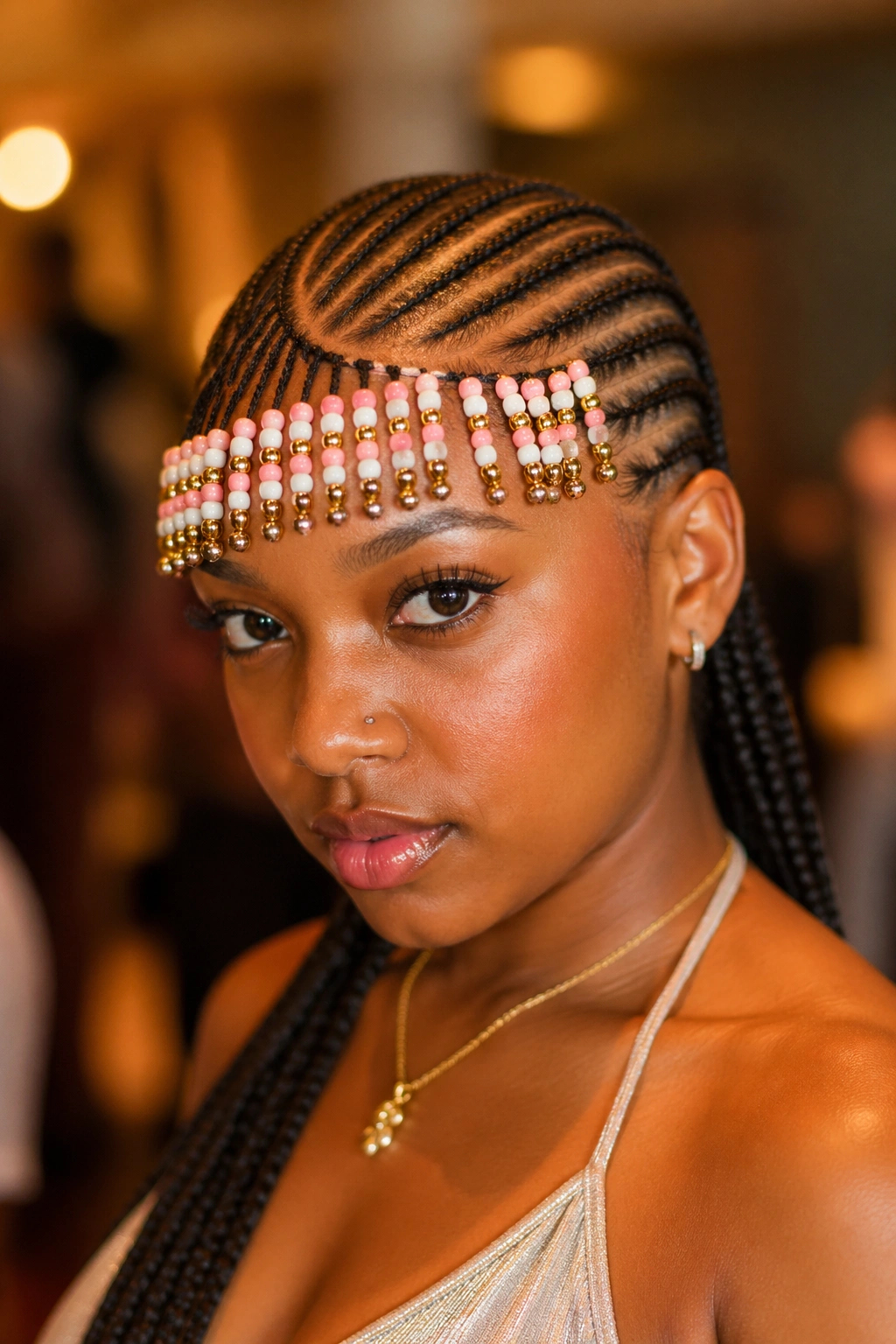 Close-up of a real person with side-parted cornrows and beaded bangs
