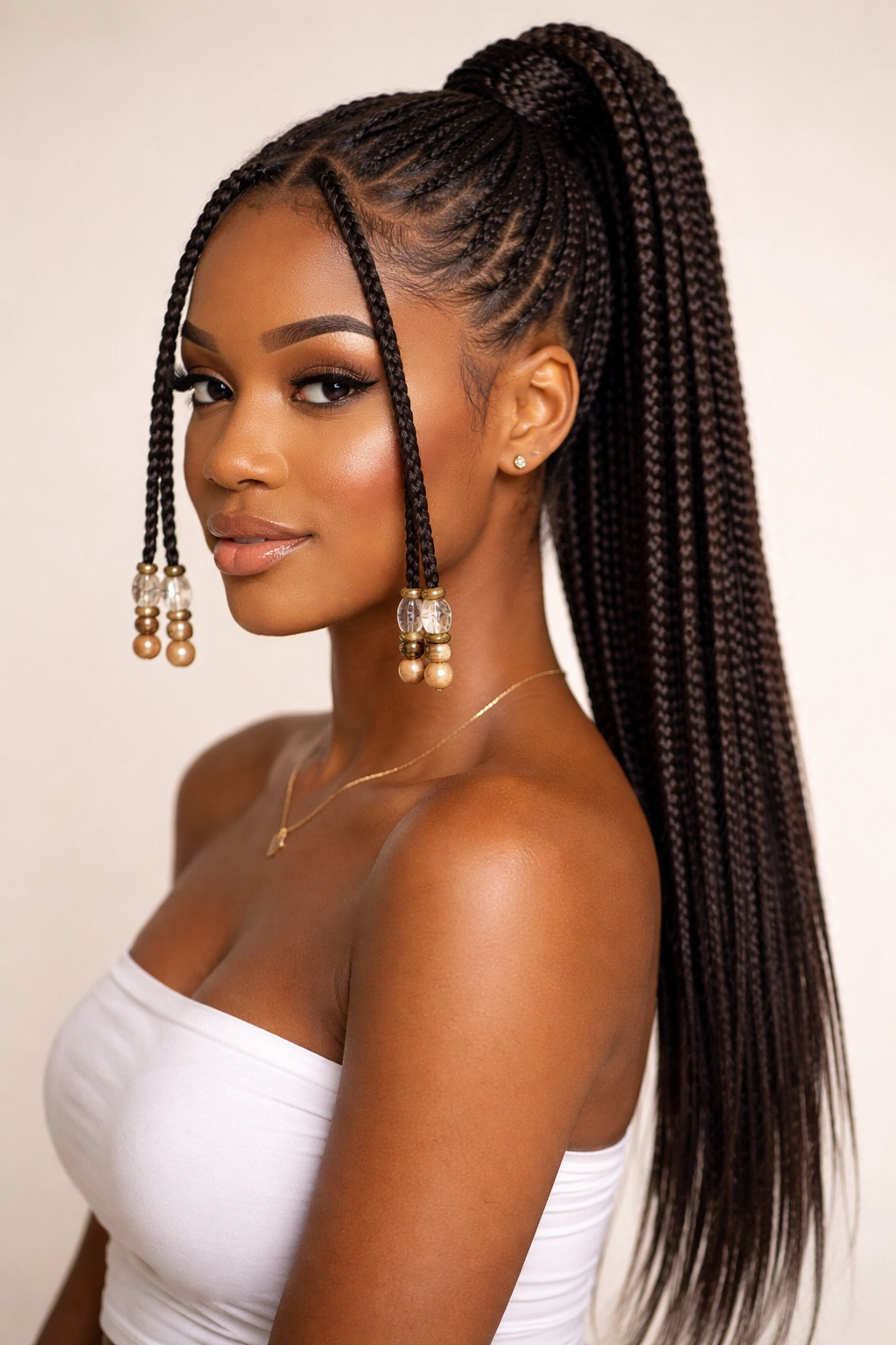 Beaded bang ends on a feed-in ponytail with long, smooth ponytail.