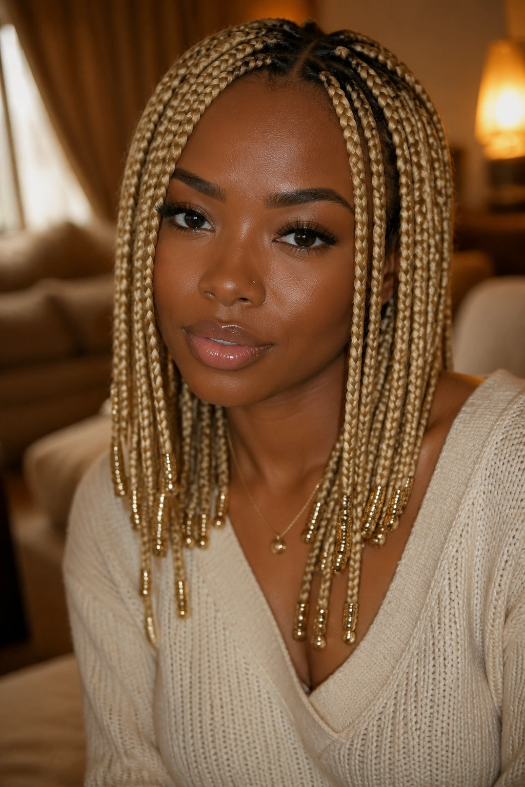 Portrait of a real woman with beaded blonde braids