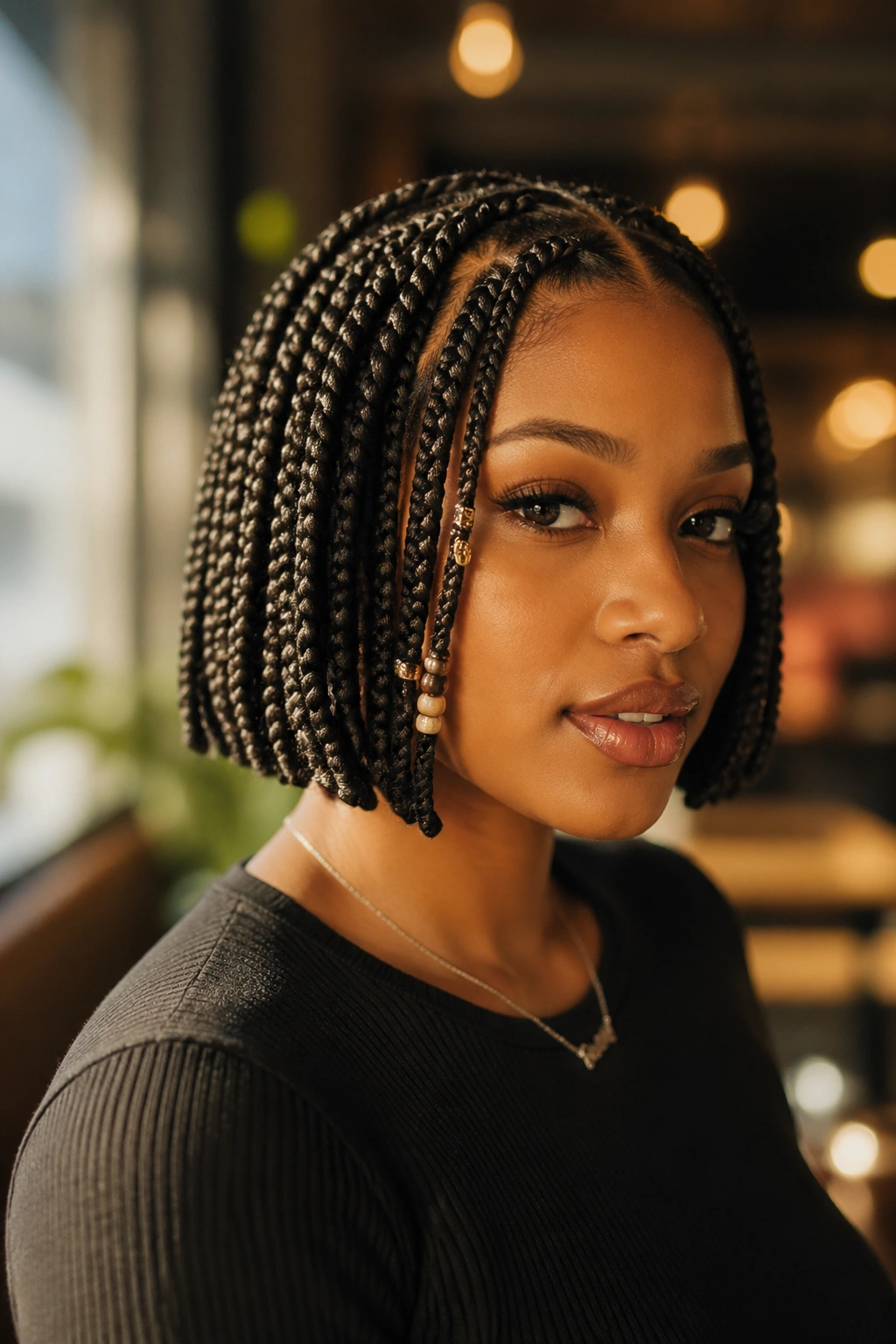 Beaded bob-length box braids on real person with beads near front and ends