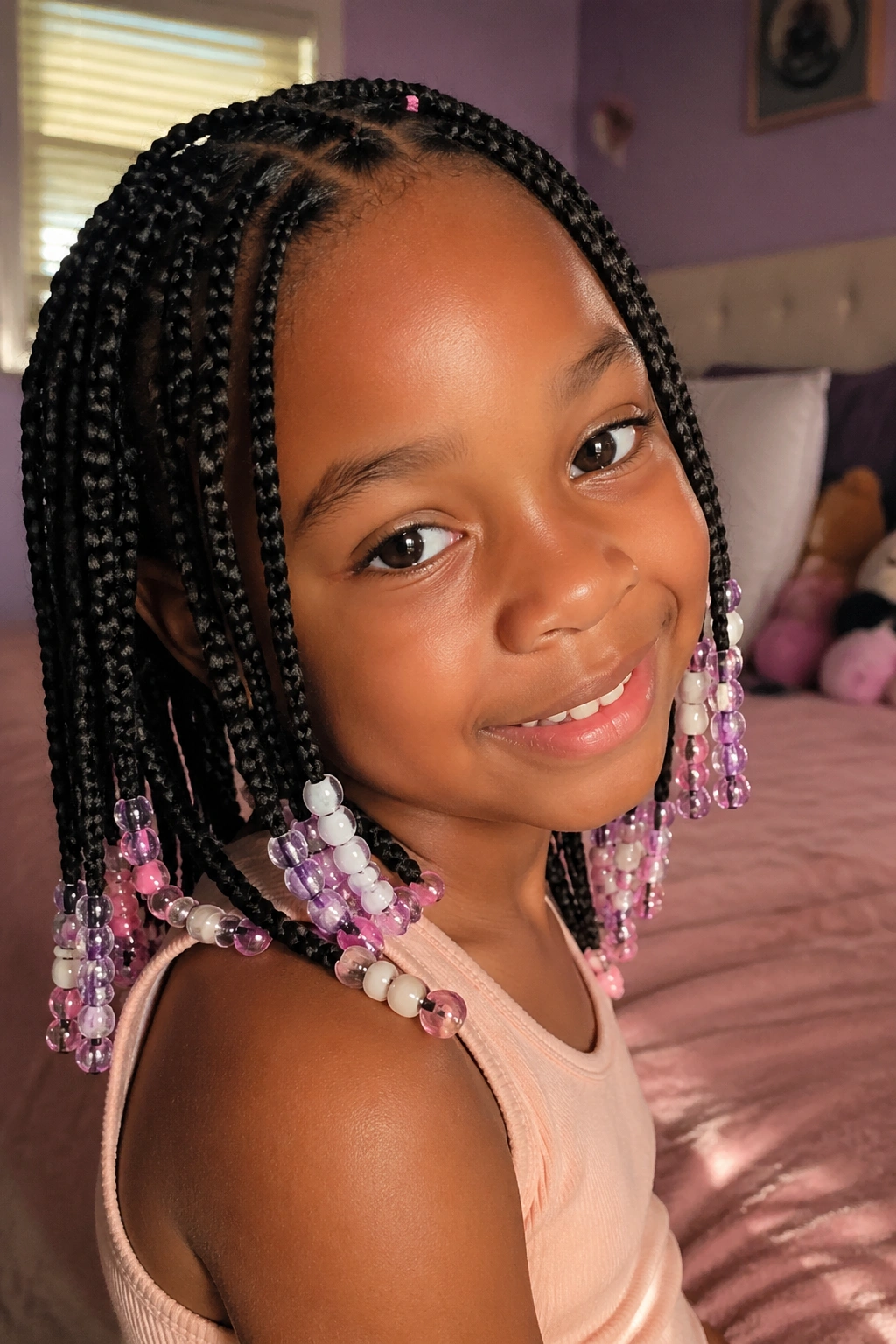 Close-up of a girl with beaded box braids in a sunlit room