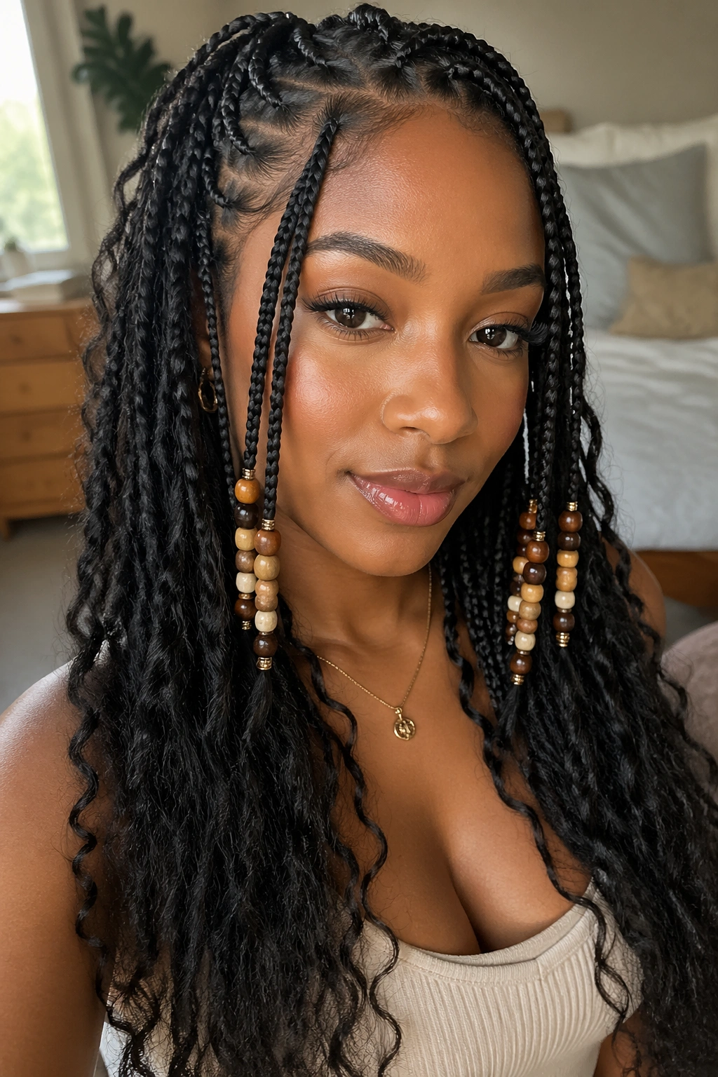 Close-up portrait of a real woman with beaded boho box braids near temples