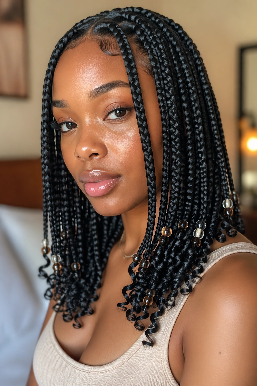 Box braids with curly ends and beads on a real person