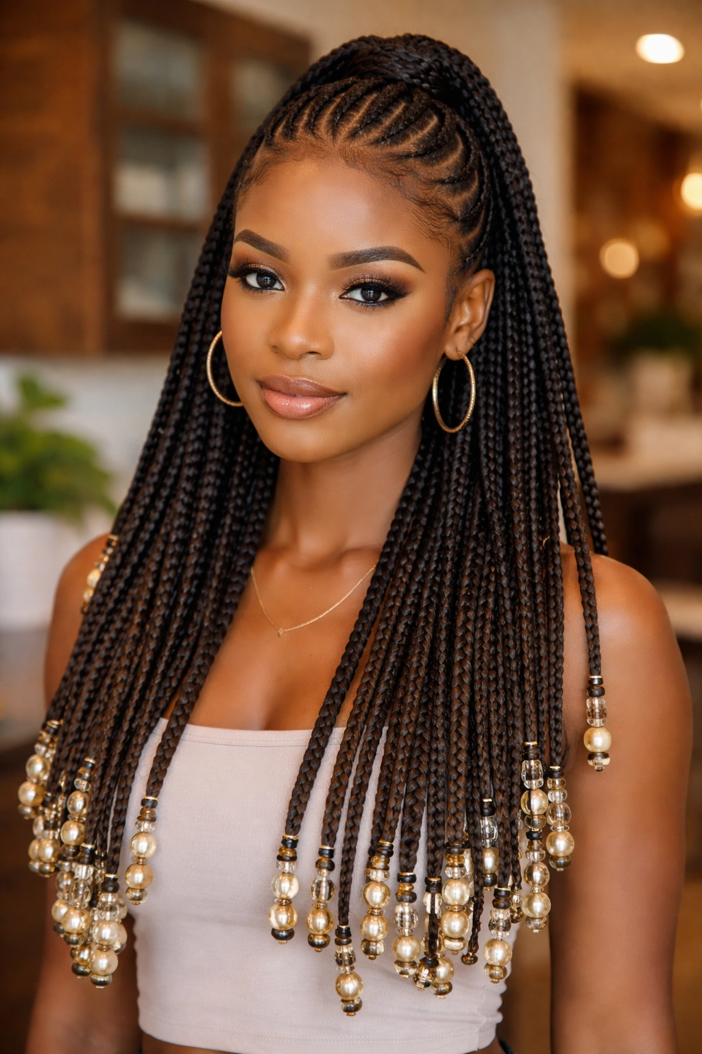 Half-up hair with beaded box braid tips on a real person.