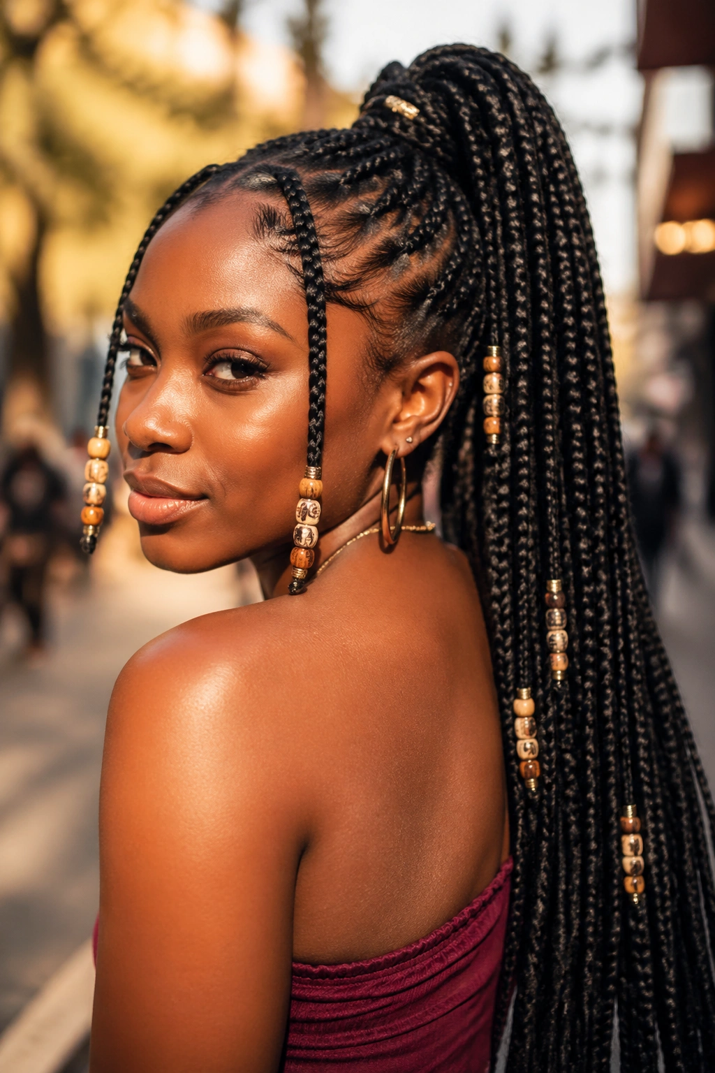 Close-up of a real woman with beaded box braids ponytail.