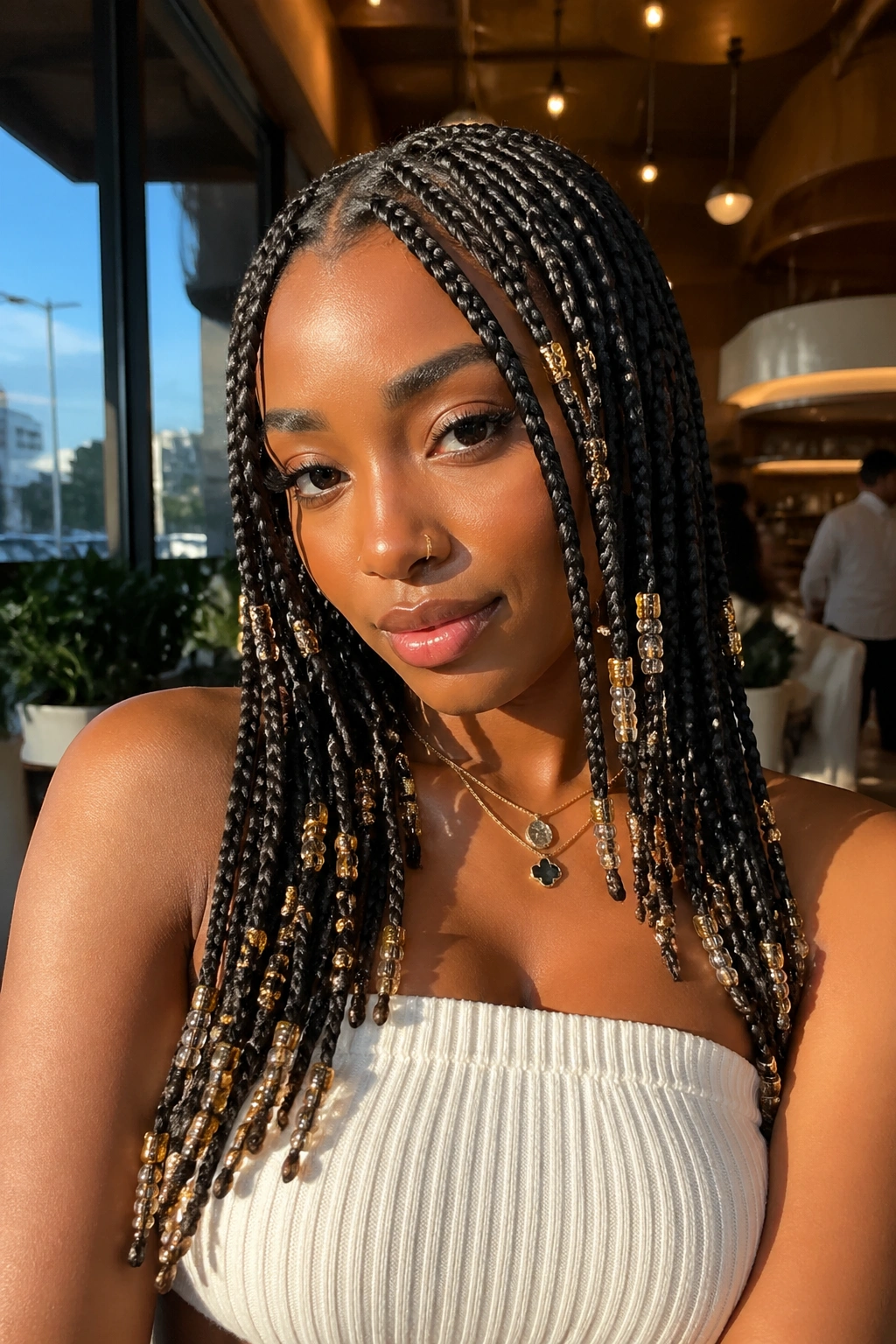 Close-up portrait of a real woman with beaded box braids in a bright cafe setting.