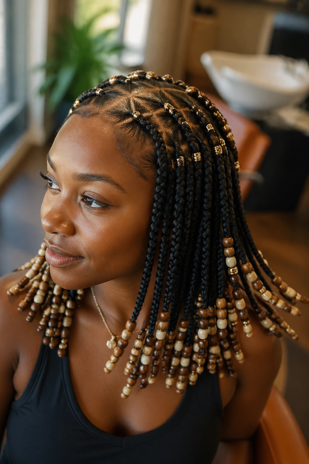 Close-up portrait of a real woman with beaded box braids forming a star halo around the crown