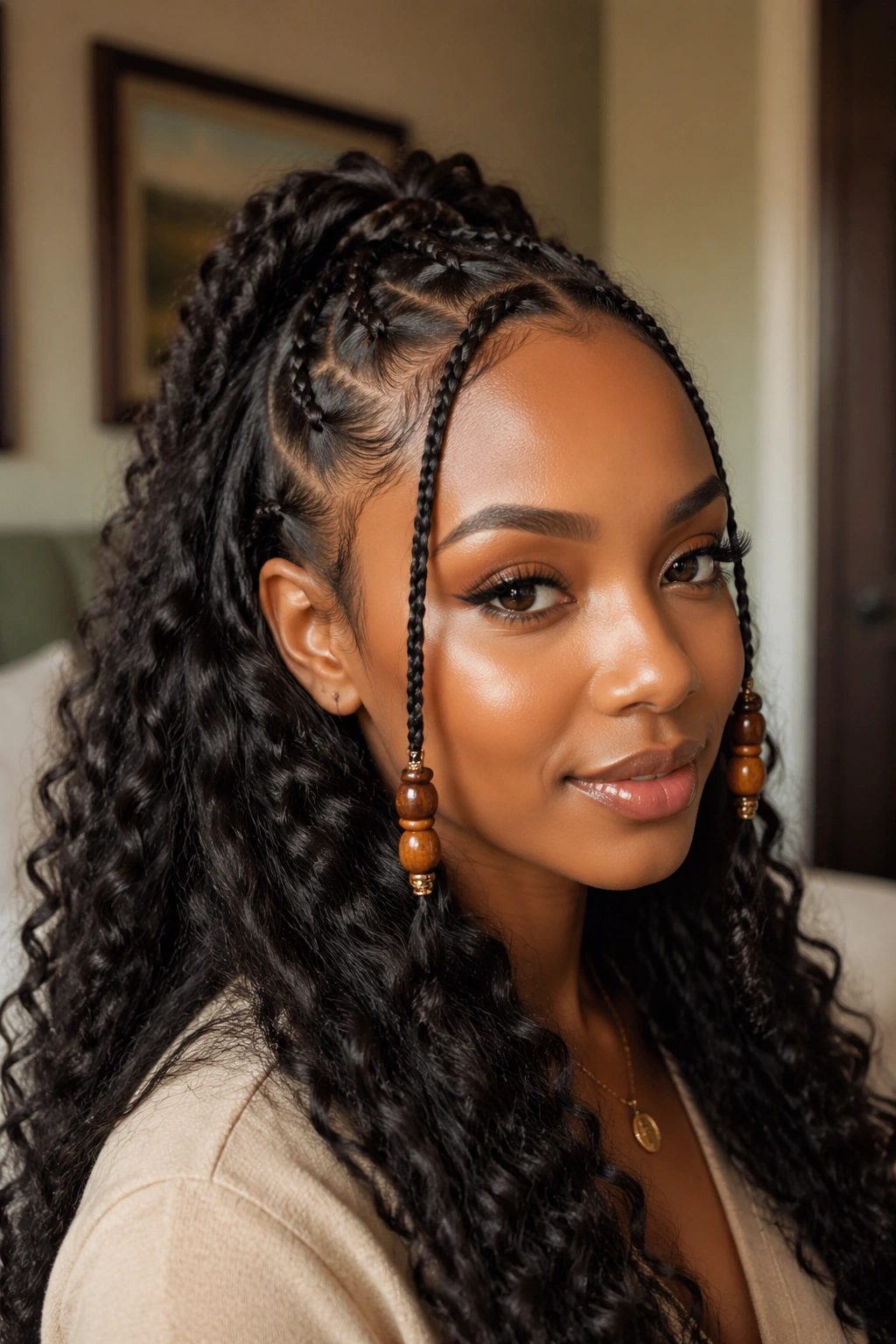 Close-up of a real person with beaded front braids in a half-up style