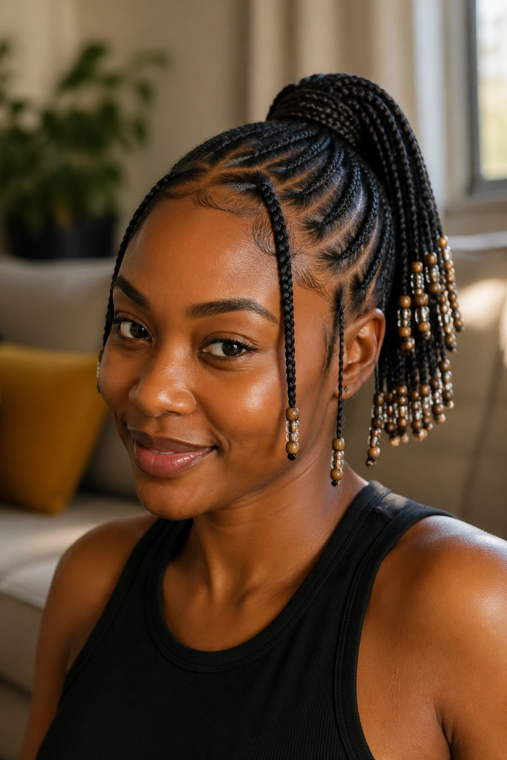 Close-up of a real woman with a beaded braided ponytail showing beads on the ends and front braids.
