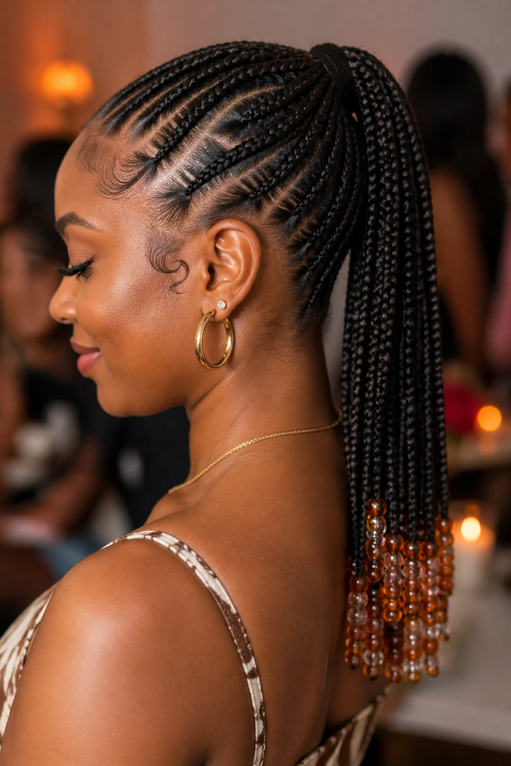 Close-up of a real woman with a braided ponytail and beaded ends in warm lighting