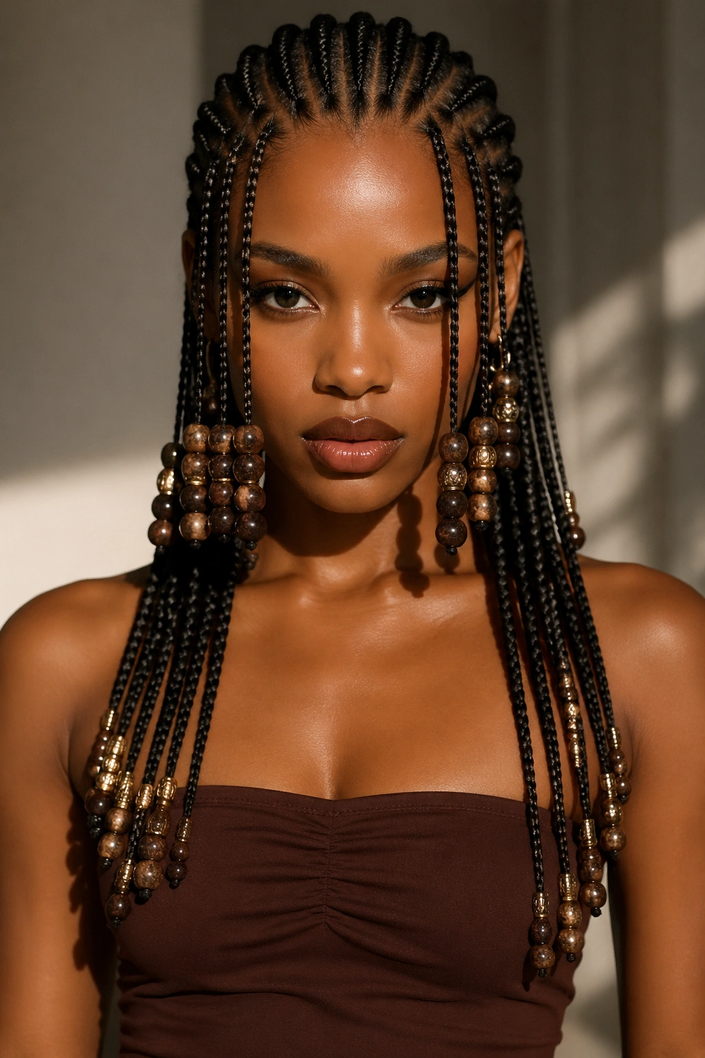 Real-model portrait of beaded cornrows with asymmetric lengths, shorter front braids with heavier beads.