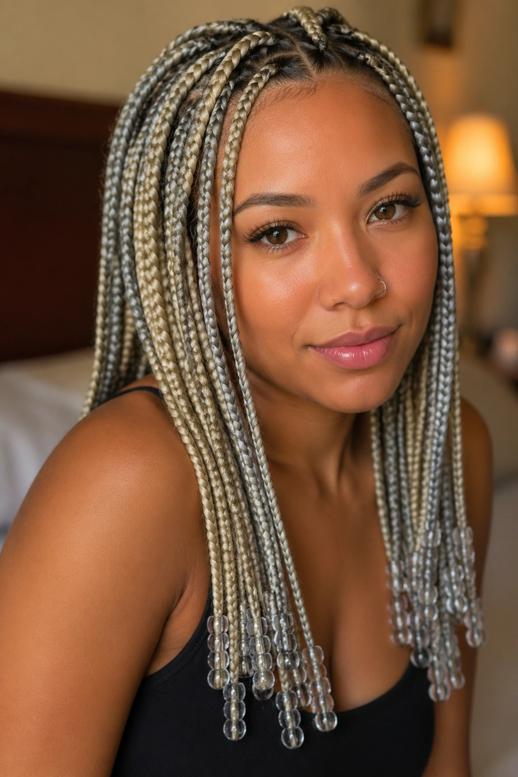 Real woman wearing beaded blonde and grey box braids with beads at the ends.