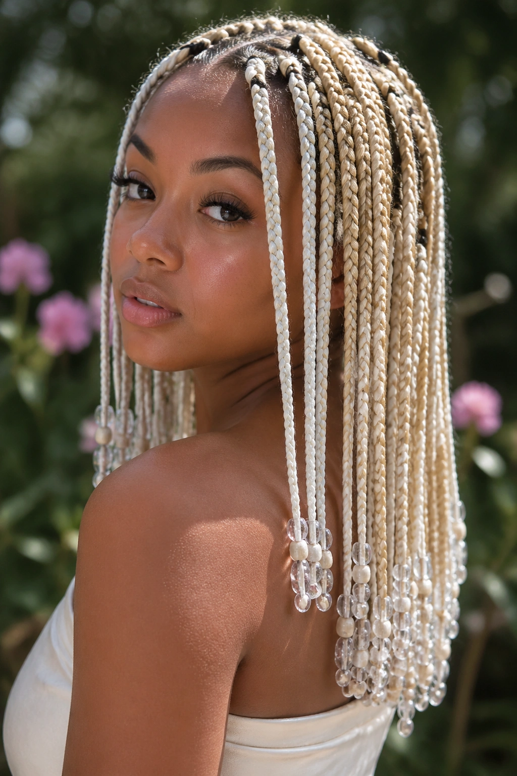 Close-up of beaded blonde and white box braids on a real person