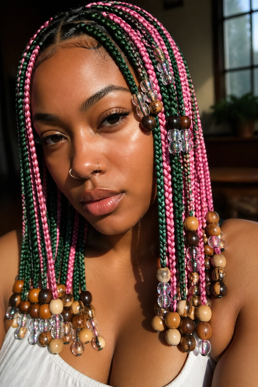 Close-up of real woman's beaded green and pink box braids with wooden and iridescent beads