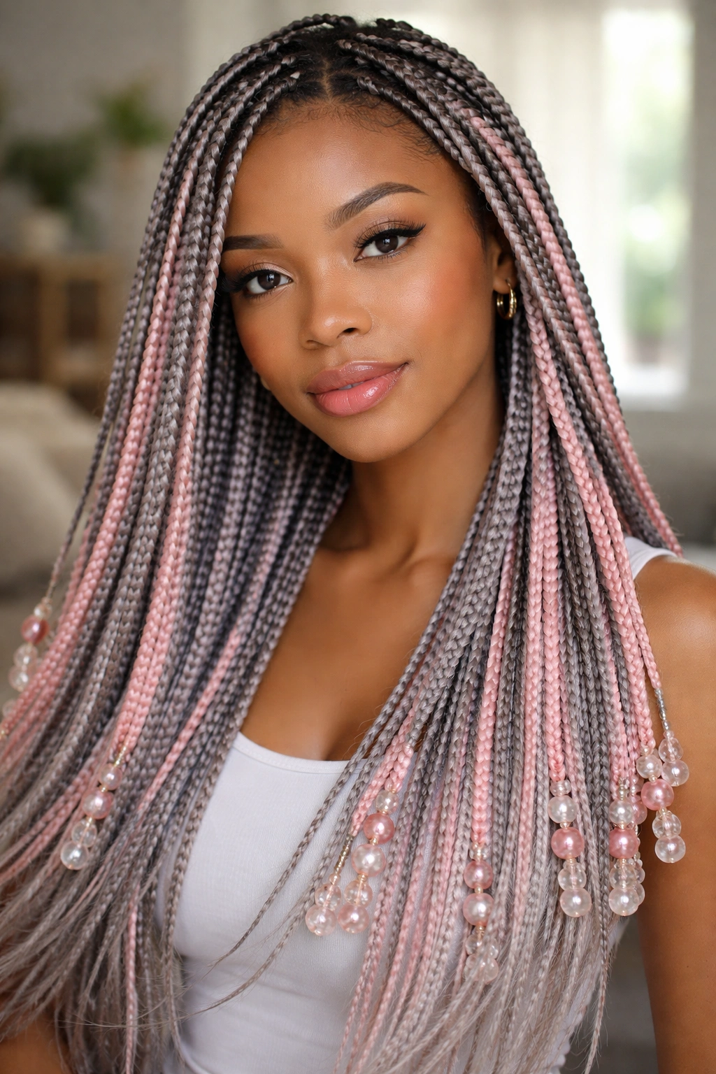 Real woman with beaded grey and pink box braids.