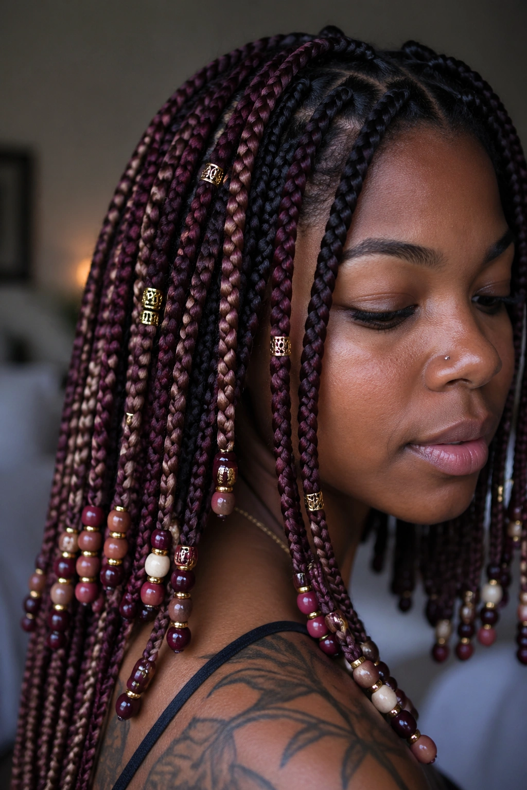 Close-up of beaded box braids with color-matched beads and gold cuffs on a real person