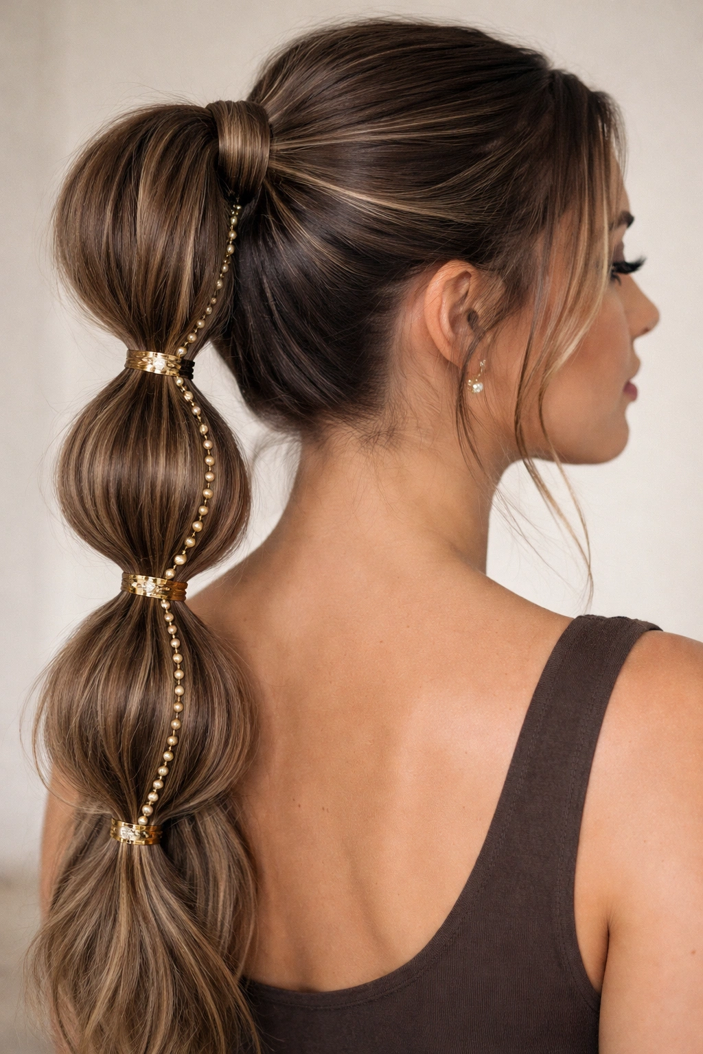 Beaded double bubble braid ponytail with subtle beads and cuffs