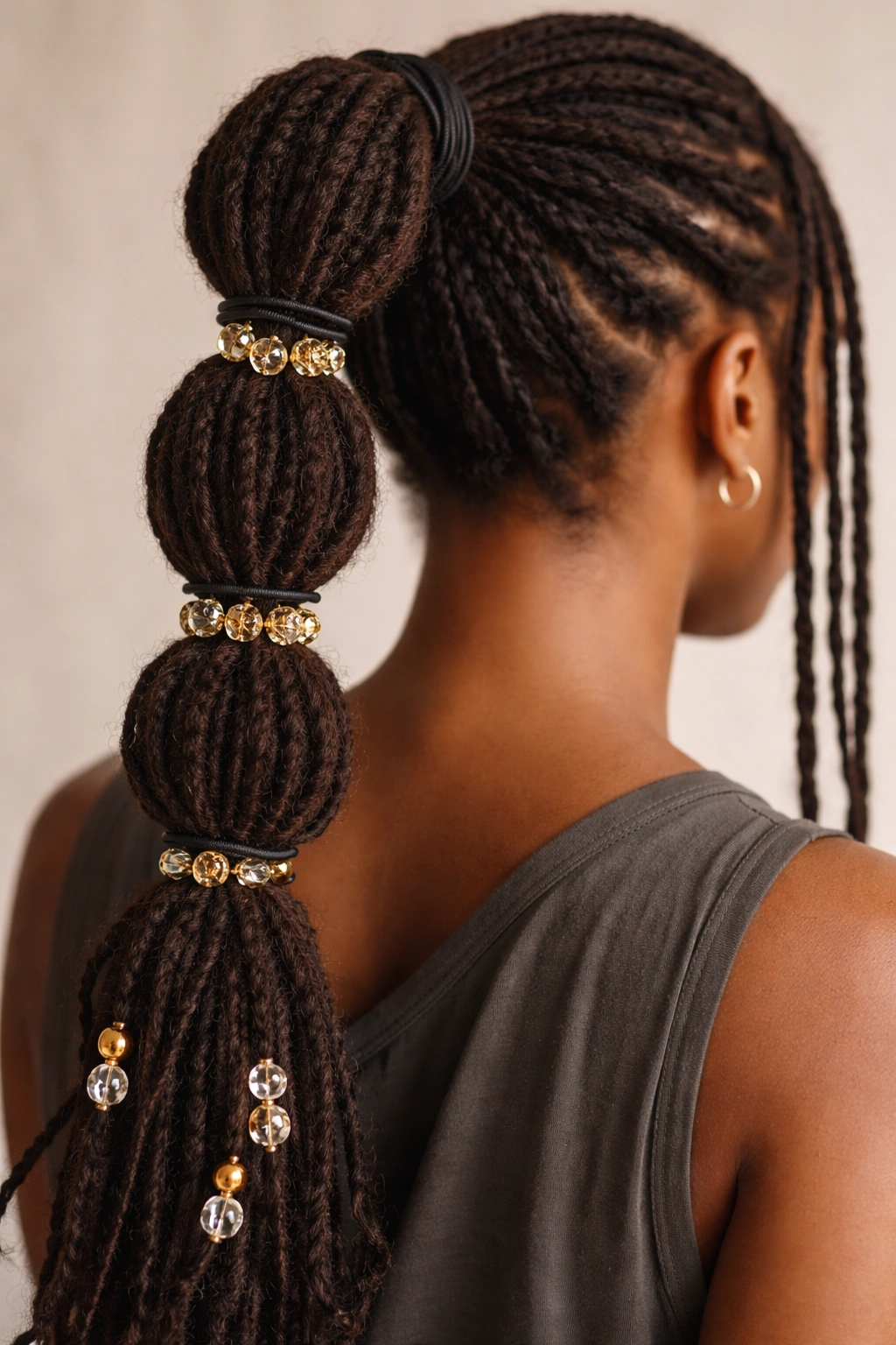 Beaded bubble ponytail on locs with bead accents