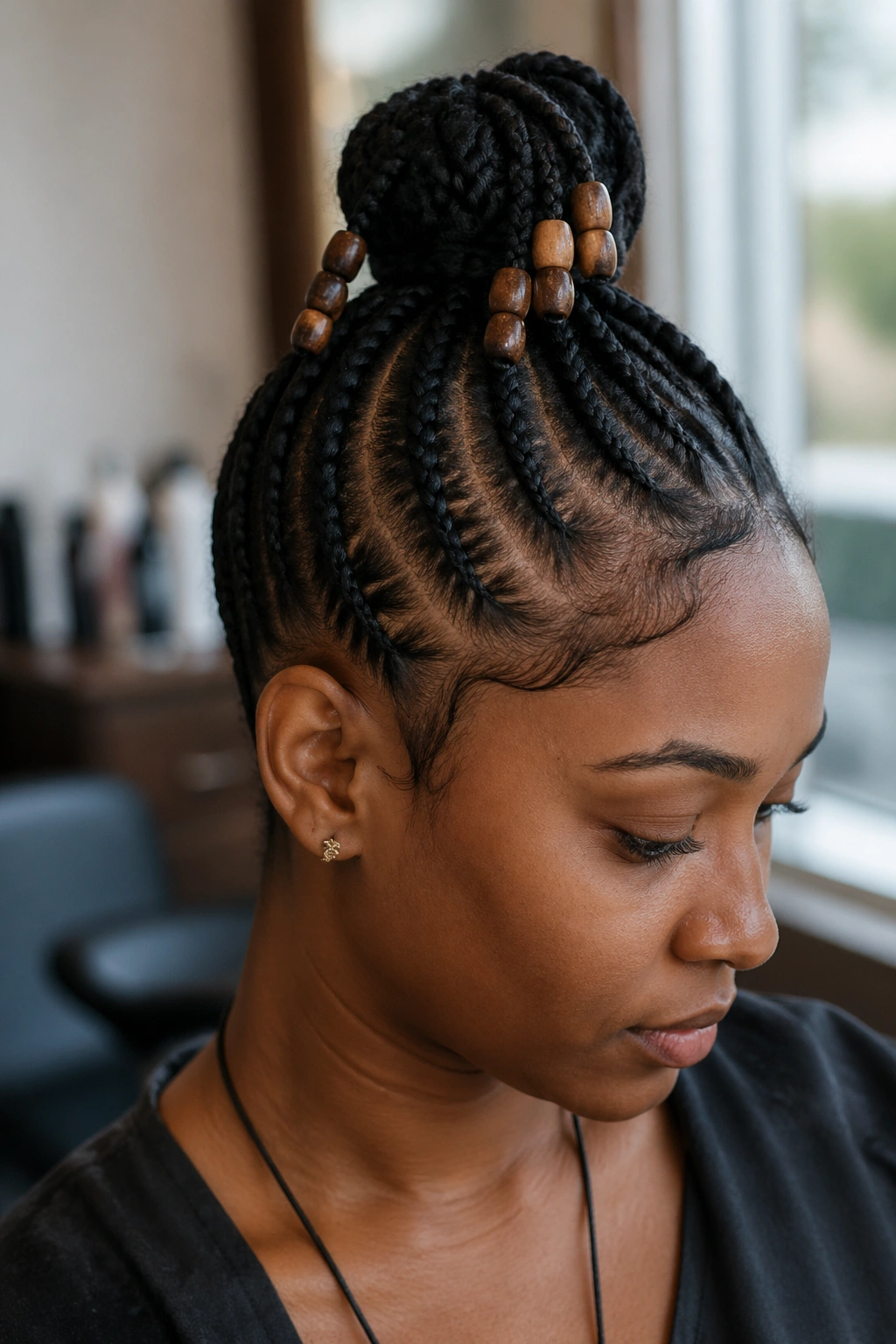 Close-up of a real person with a beaded bun showing wooden beads on braid ends