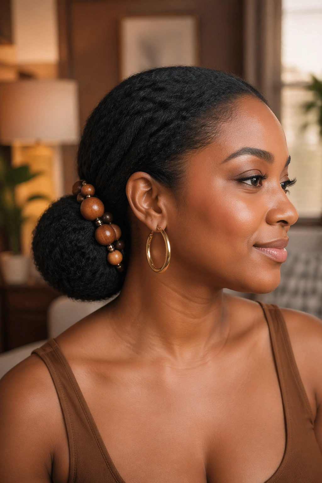 Close-up of real woman with beaded accent low bun featuring wooden beads at base