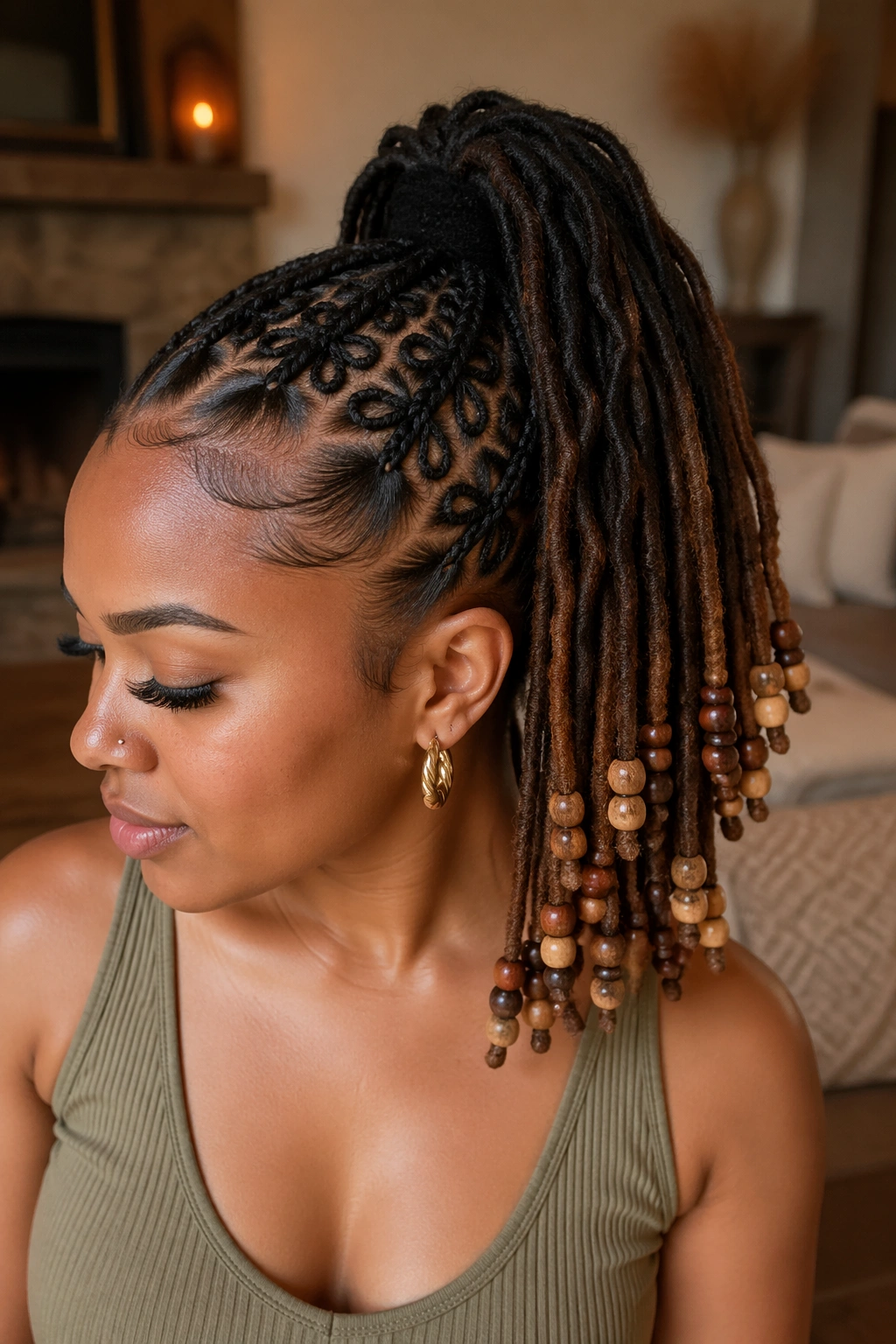 Close-up of a real woman with beaded butterfly braid ponytail on locs