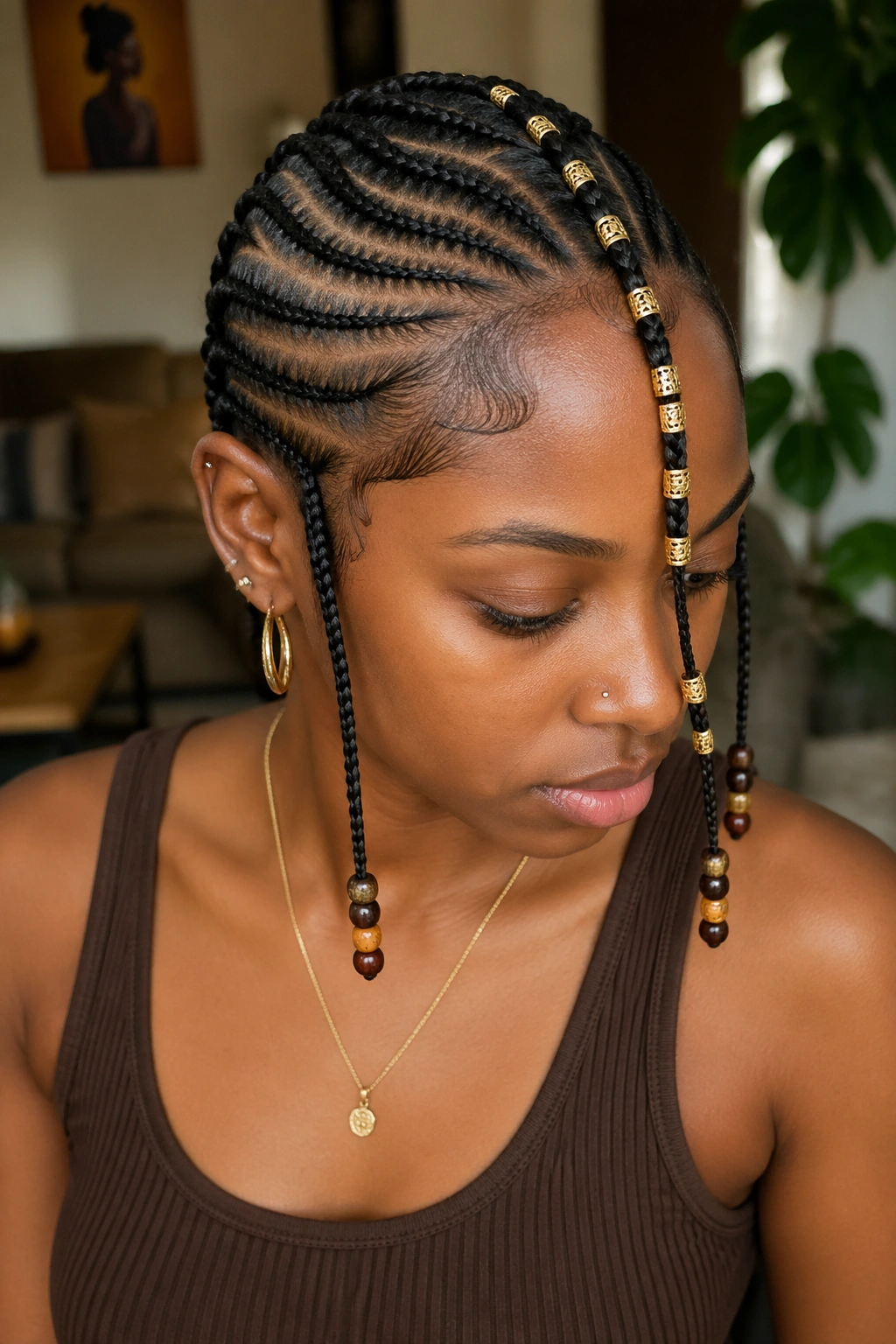 Close-up of a Fulani center braid heavily beaded along its length on a real person