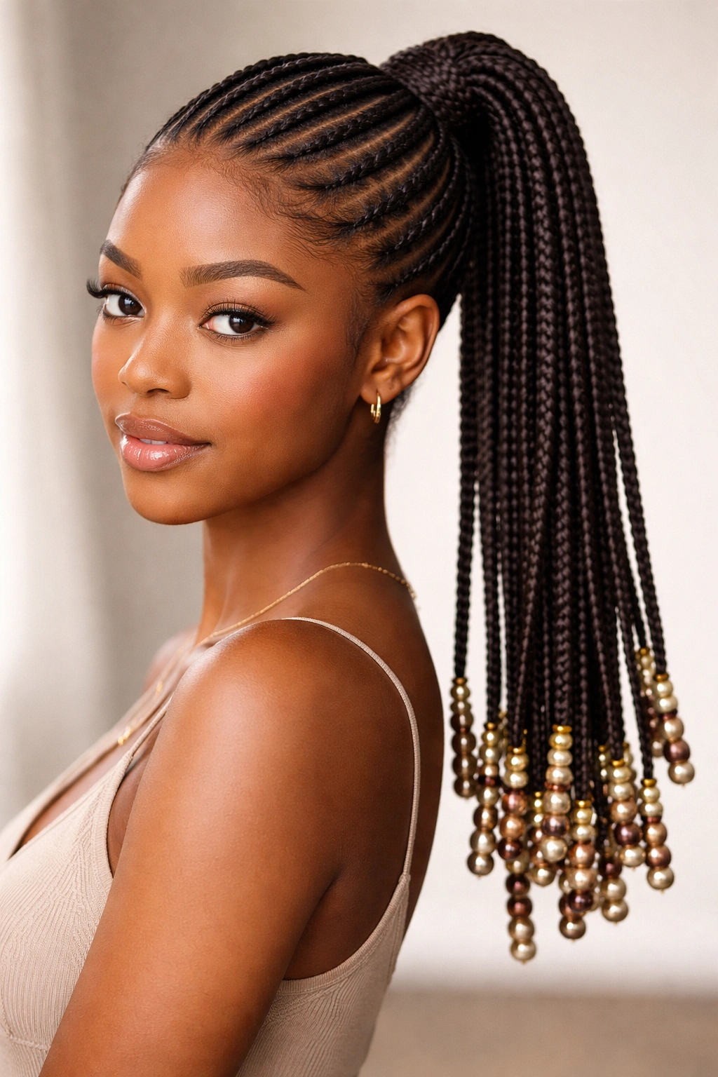 Beaded cornrow ponytail close-up with beads at braid ends