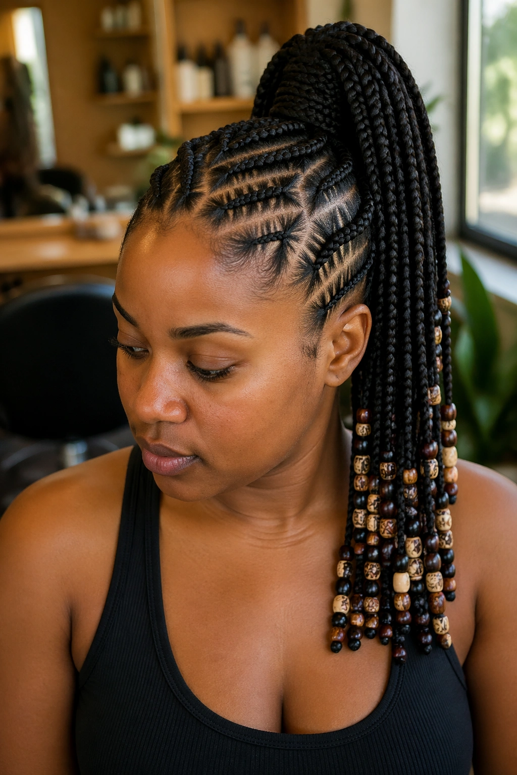 Close-up of a real Black woman with a high beaded tribal cornrow ponytail.