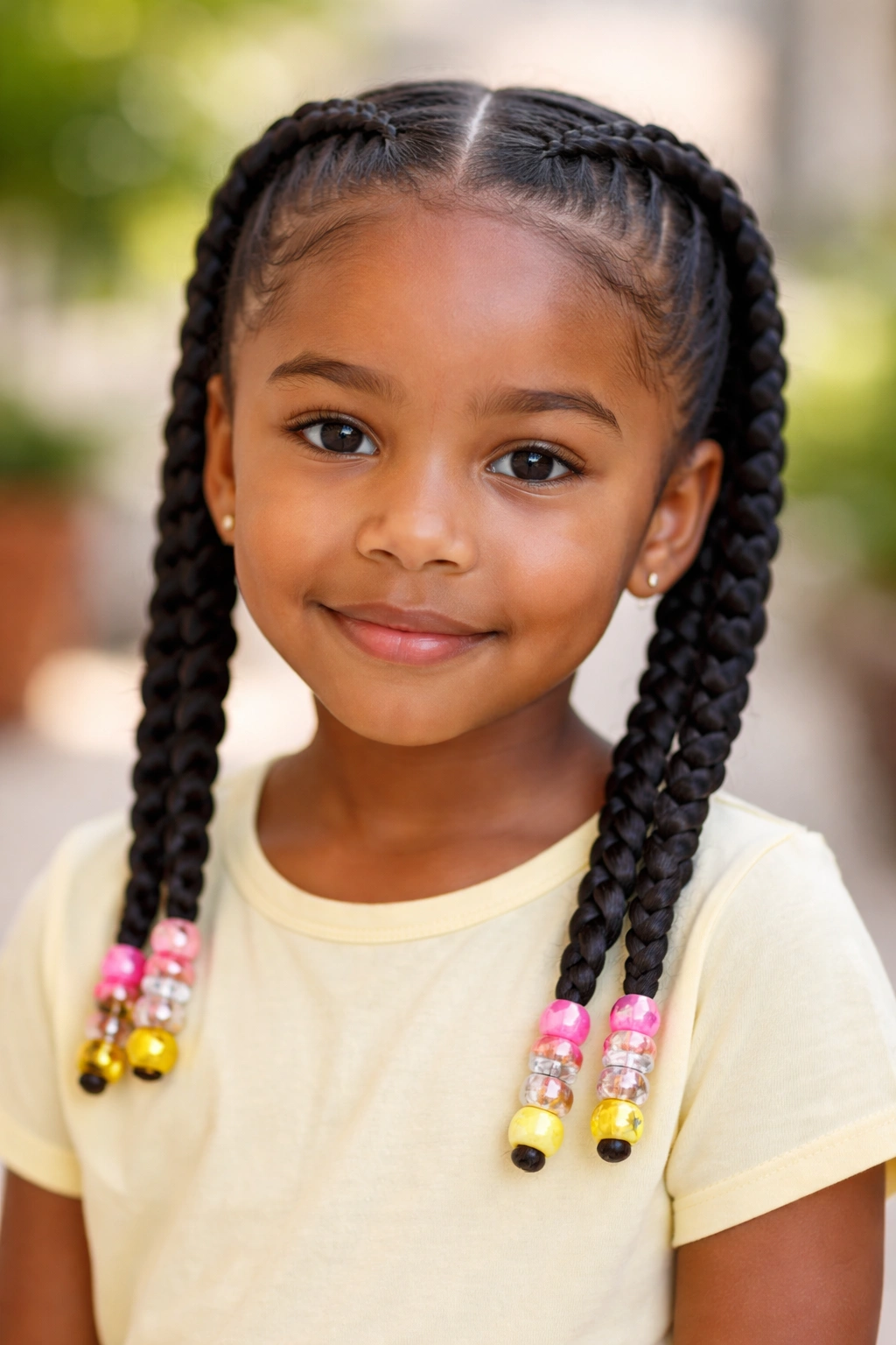 Two thick cornrows with beads on a real girl’s head