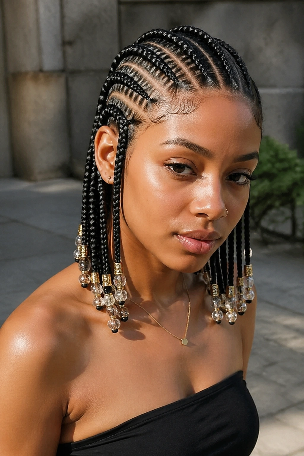 Close-up of cornrows with decorative beads at the ends on a real person