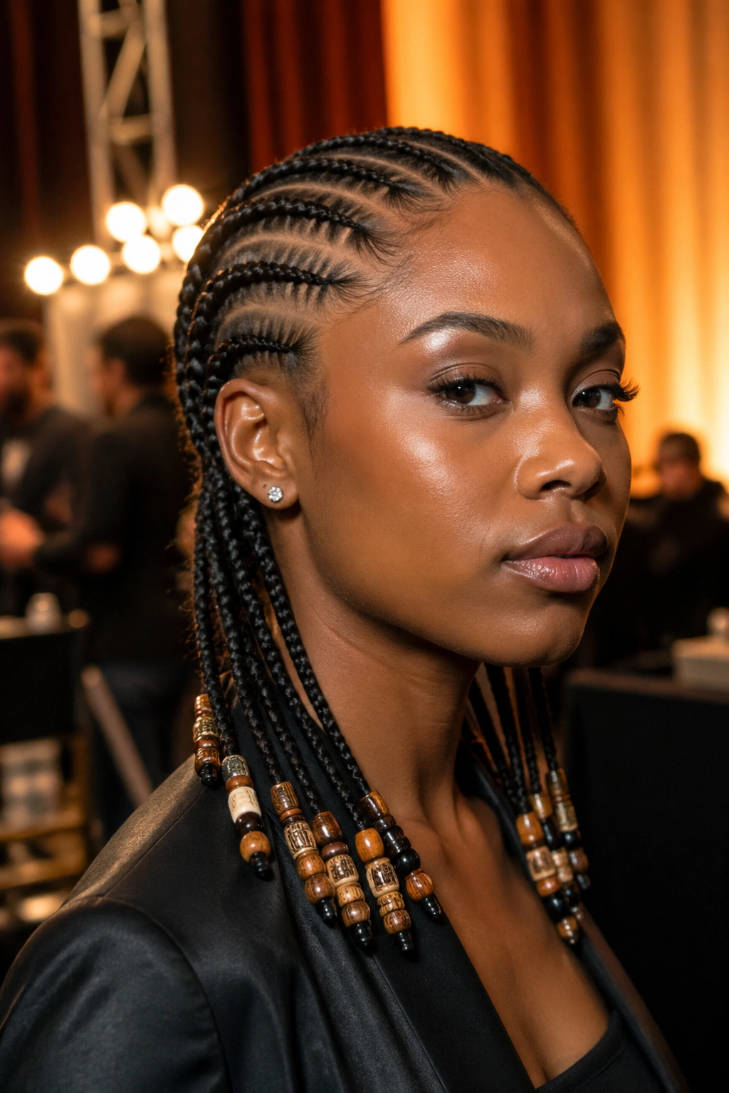 Close-up of a real woman with eight beaded-end cornrows