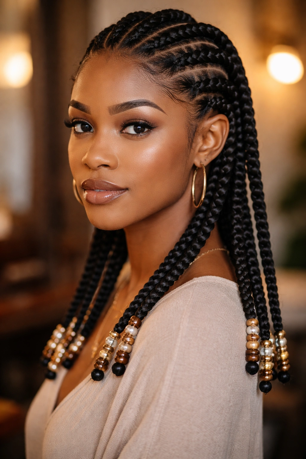 Real person with six braids ending in beads, beads visible at each braid tip.