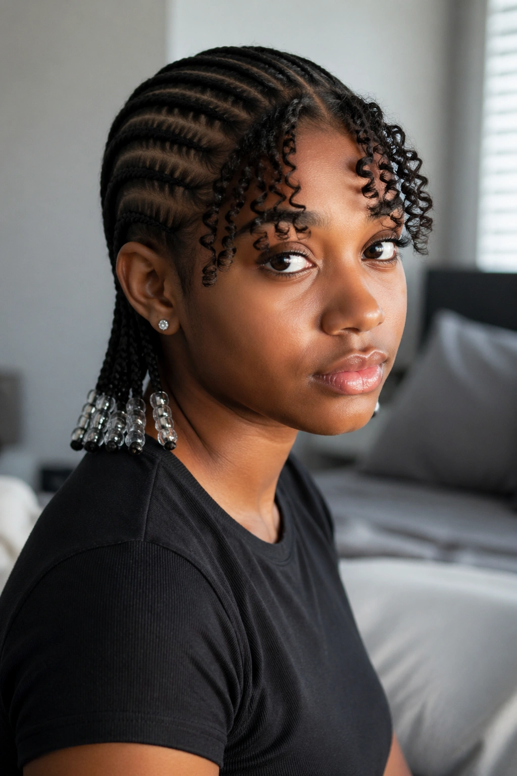 Three-quarter view of beaded cornrows with curly bangs framing the forehead.