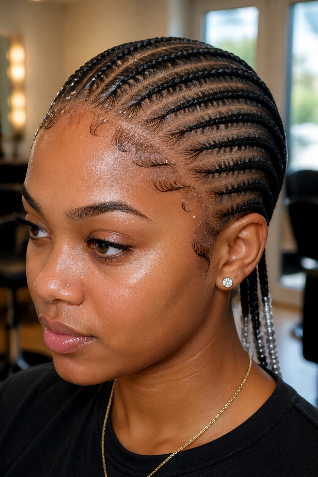 Close-up portrait of a real person with beaded cornrows and beaded edges in a wedding-style hairstyle.
