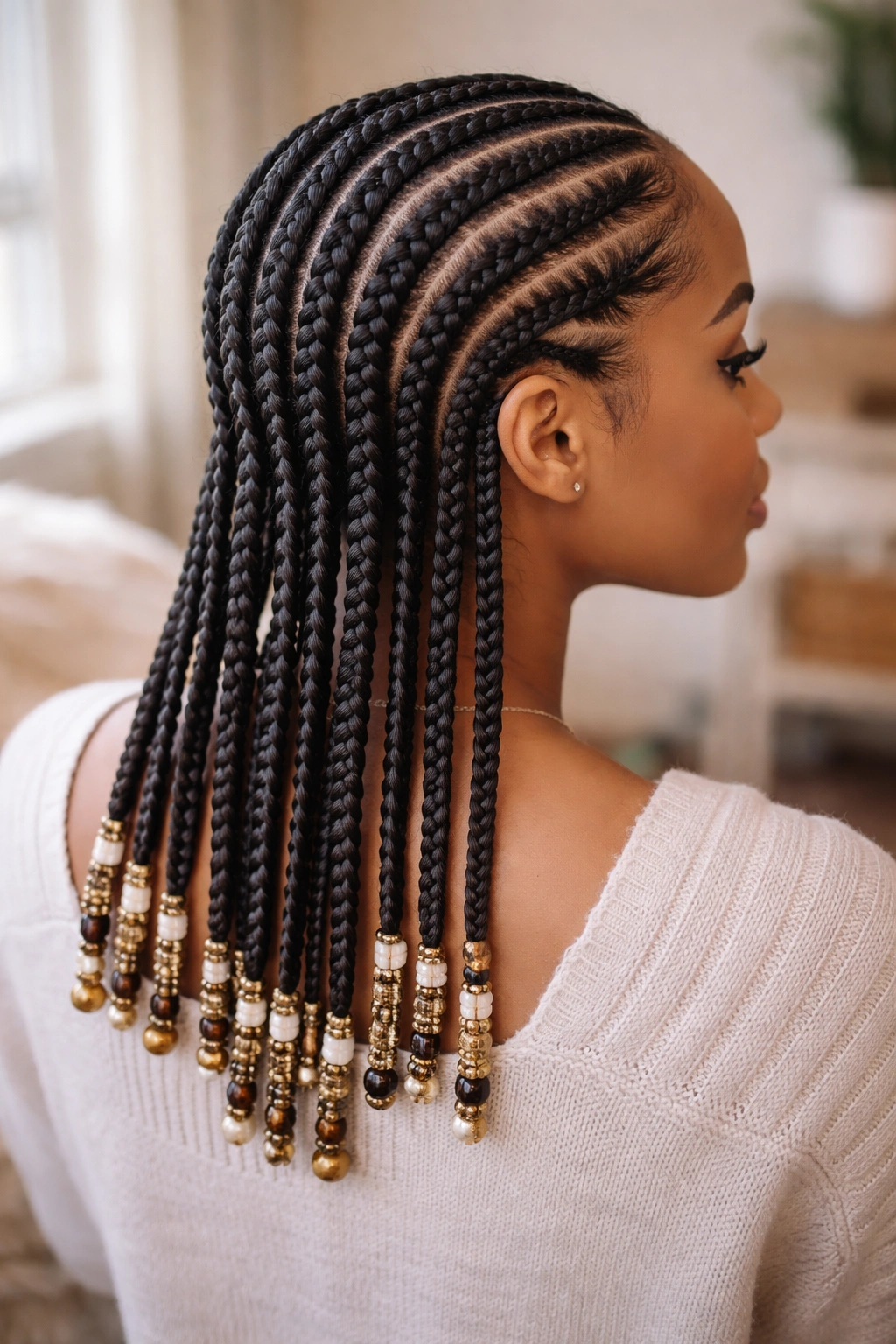 Close-up of real person with ten beaded cornrows