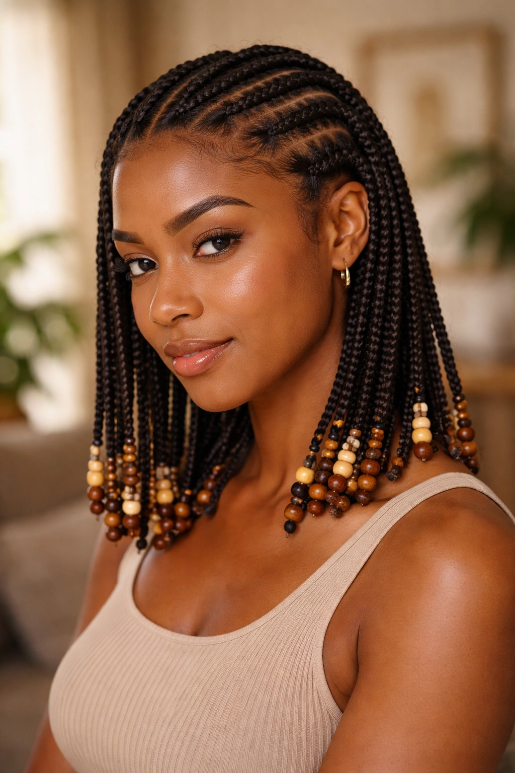 Close-up of medium-length cornrows with beads at the ends